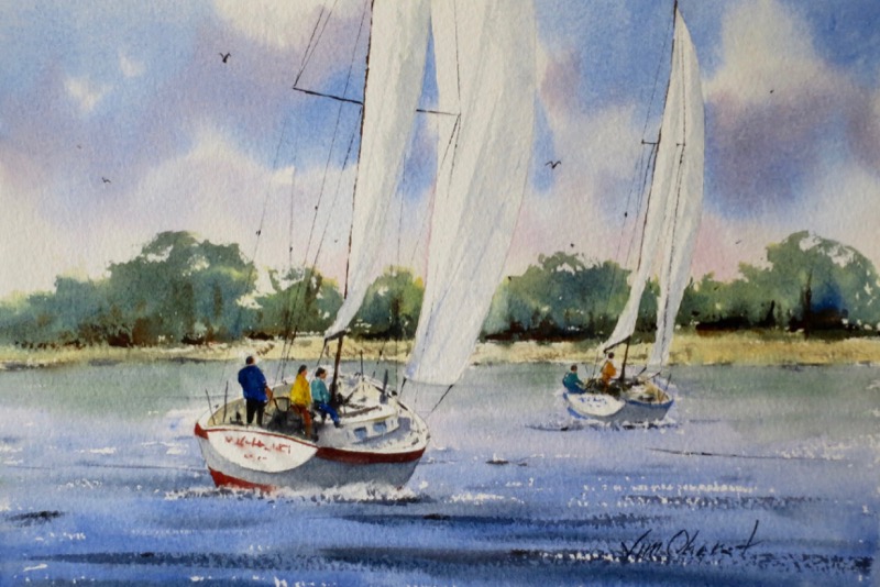 seascape, boat, sailboat, sea, ocean, race, sail, oberst, watercolor, painting